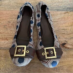Tory Burch Buckle Sandals Flats Slip Ons Pattern Brown Blue Gold Size 8 B